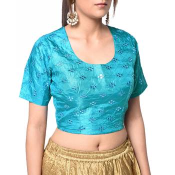 Blue embroidered art silk padded readymade blouse 4