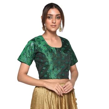 Green embroidered art silk padded readymade blouse 1