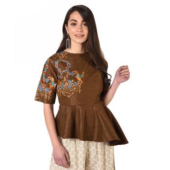Brown embroidered art silk padded readymade blouse 1