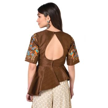 Brown embroidered art silk padded readymade blouse 2