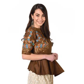Brown embroidered art silk padded readymade blouse 3