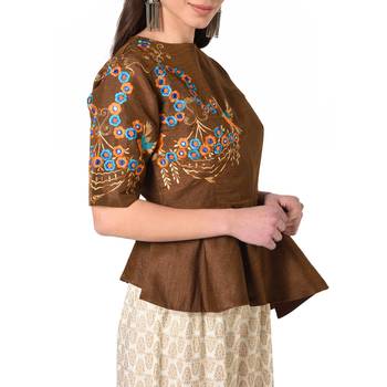 Brown embroidered art silk padded readymade blouse 4
