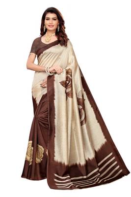 Cream And Brown Printed art silk Indian Style Saree With Blouse Piece 1