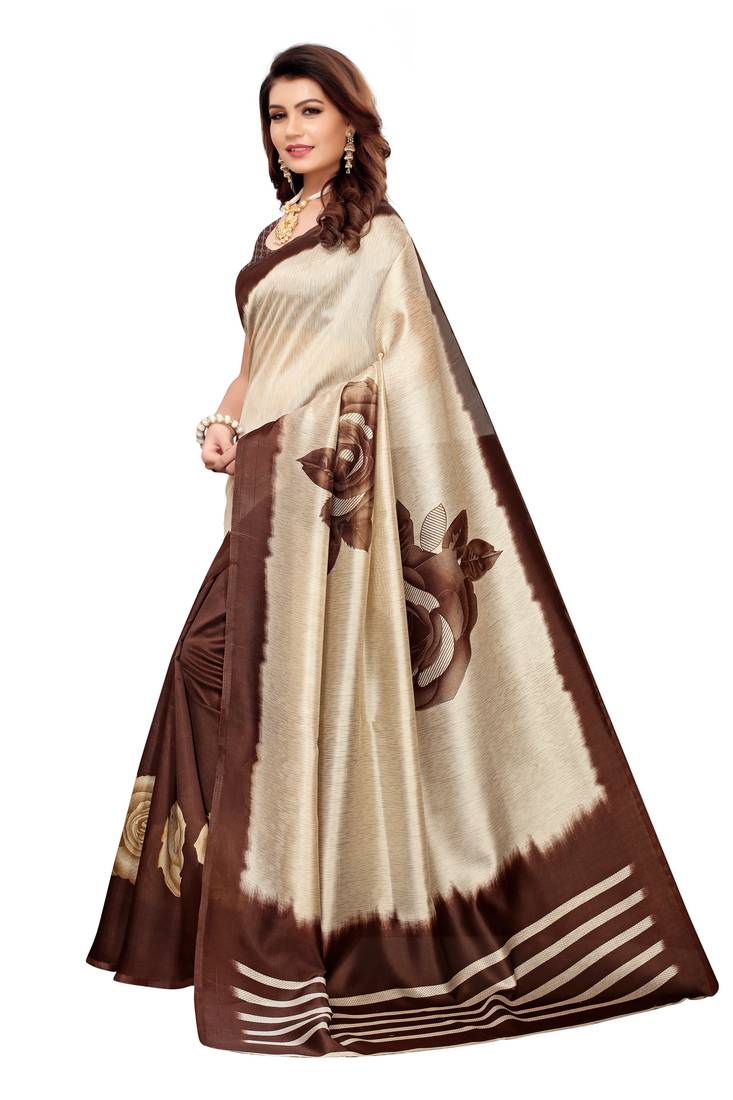 Cream And Brown Printed art silk Indian Style Saree With Blouse Piece