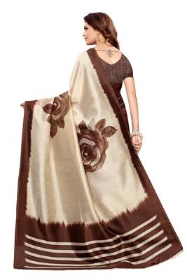 Cream And Brown Printed art silk Indian Style Saree With Blouse Piece 3
