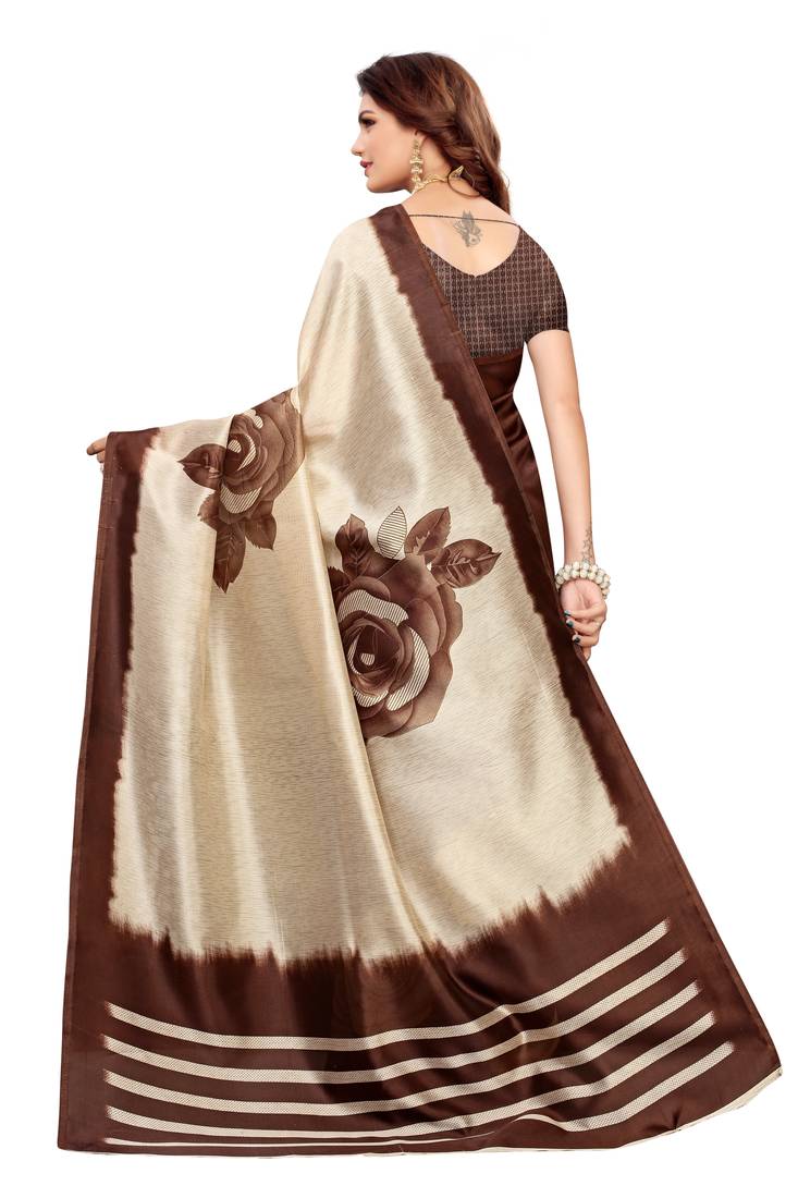 Cream And Brown Printed art silk Indian Style Saree With Blouse Piece