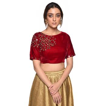 Red embroidered velvet padded readymade blouse 1