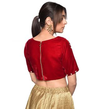 Red embroidered velvet padded readymade blouse 2