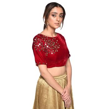 Red embroidered velvet padded readymade blouse 3