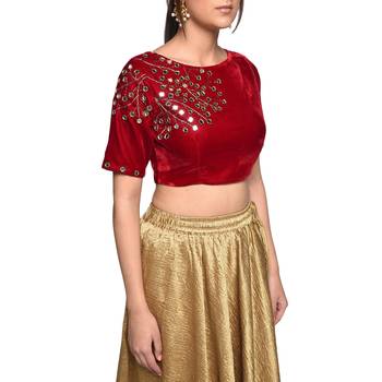 Red embroidered velvet padded readymade blouse 4
