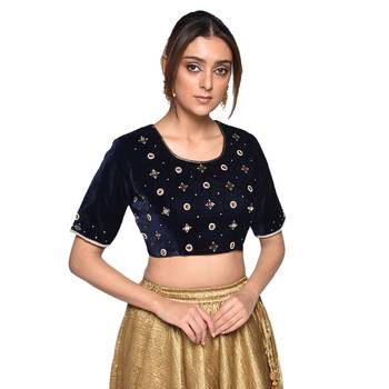 Blue embroidered velvet padded readymade blouse 1