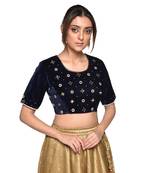 Blue embroidered velvet padded readymade blouse