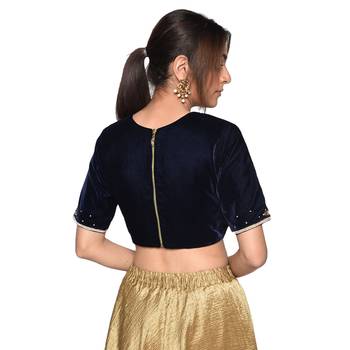 Blue embroidered velvet padded readymade blouse 2