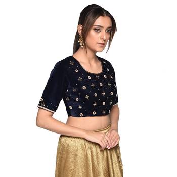 Blue embroidered velvet padded readymade blouse 3