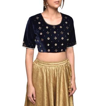 Blue embroidered velvet padded readymade blouse 4