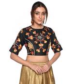 Black embroidered art silk padded readymade blouse