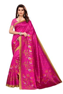 Pink Printed art silk Indian Style Saree With Blouse Piece 1