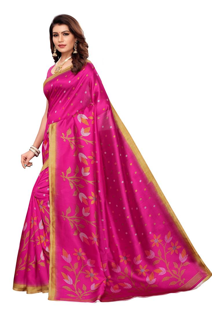 Pink Printed art silk Indian Style Saree With Blouse Piece