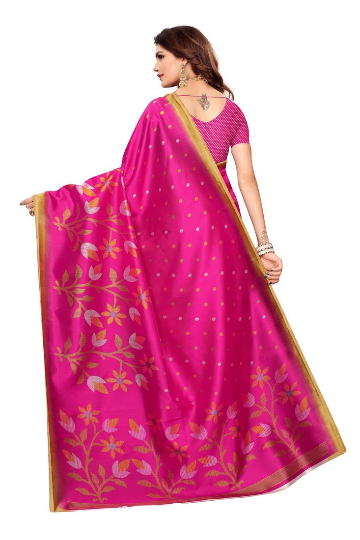 Pink Printed art silk Indian Style Saree With Blouse Piece