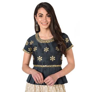Grey embroidered art silk padded readymade blouse 1