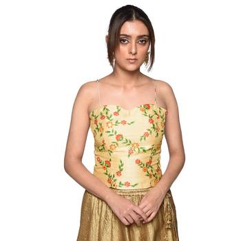 Beige embroidered art silk padded readymade blouse 1