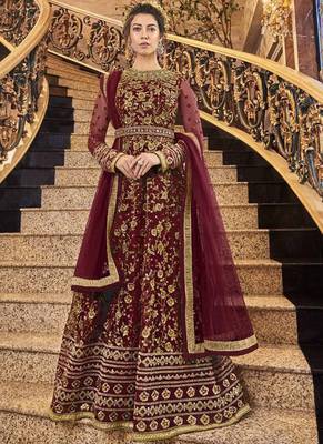 Maroon Net Anarkali Salwar Kameez 1