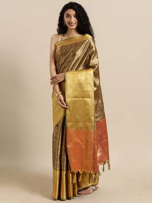 Brown Woven Silk Blend Saree With Blouse 1