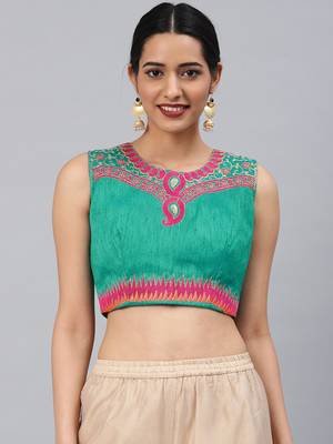 Green embroidered Art Silk padded readymade blouse 1