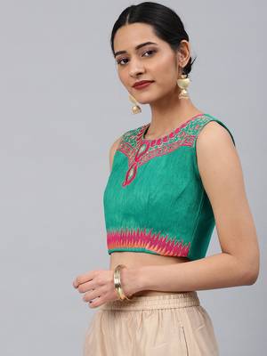 Green embroidered Art Silk padded readymade blouse 4