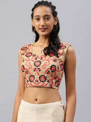 Beige embroidered Art Silk padded readymade blouse 1
