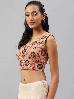 Beige embroidered Art Silk padded readymade blouse 4