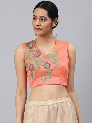 Peach embroidered Art Silk padded readymade blouse 1