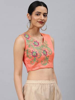 Peach embroidered Art Silk padded readymade blouse 4