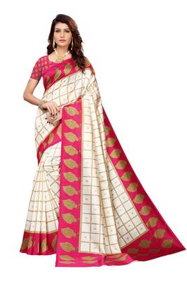 Off White And Pink Printed art silk Indian Style Saree With Blouse Piece 1