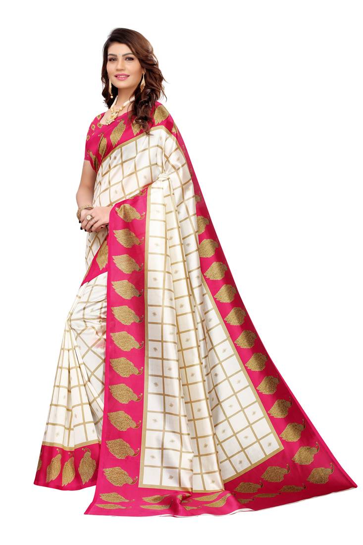 Off White And Pink Printed art silk Indian Style Saree With Blouse Piece