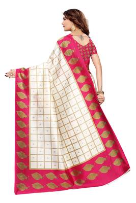 Off White And Pink Printed art silk Indian Style Saree With Blouse Piece 3