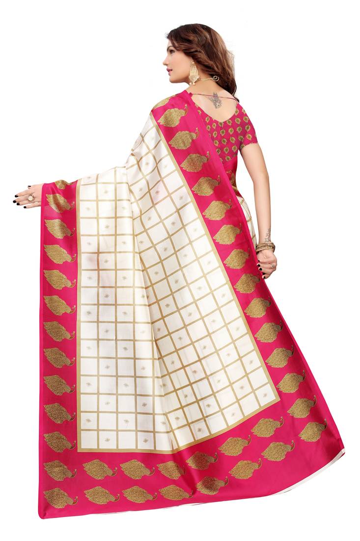 Off White And Pink Printed art silk Indian Style Saree With Blouse Piece