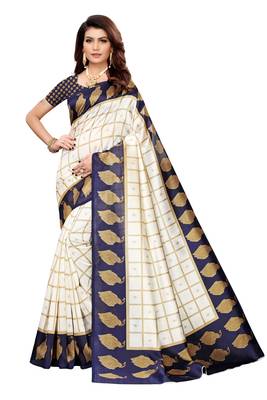 Off White And Navy Blue Printed art silk Indian Style Saree With Blouse Piece 1