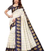 Off White And Navy Blue Printed art silk Indian Style Saree With Blouse Piece