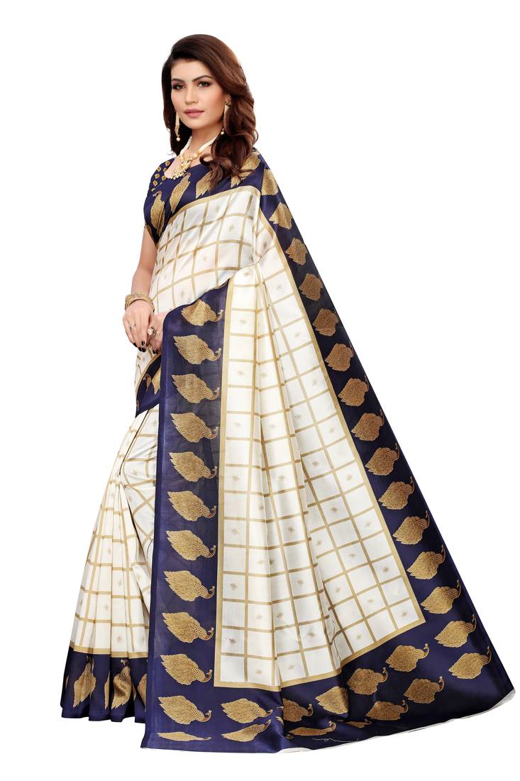 Off White And Navy Blue Printed art silk Indian Style Saree With Blouse Piece