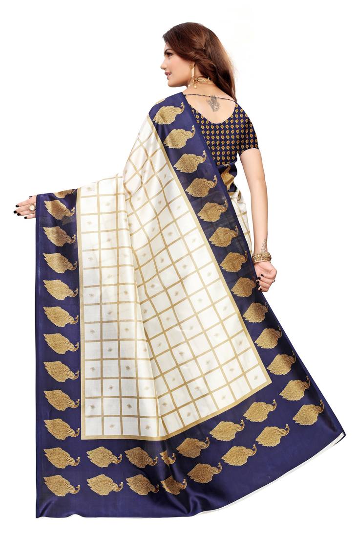 Off White And Navy Blue Printed art silk Indian Style Saree With Blouse Piece