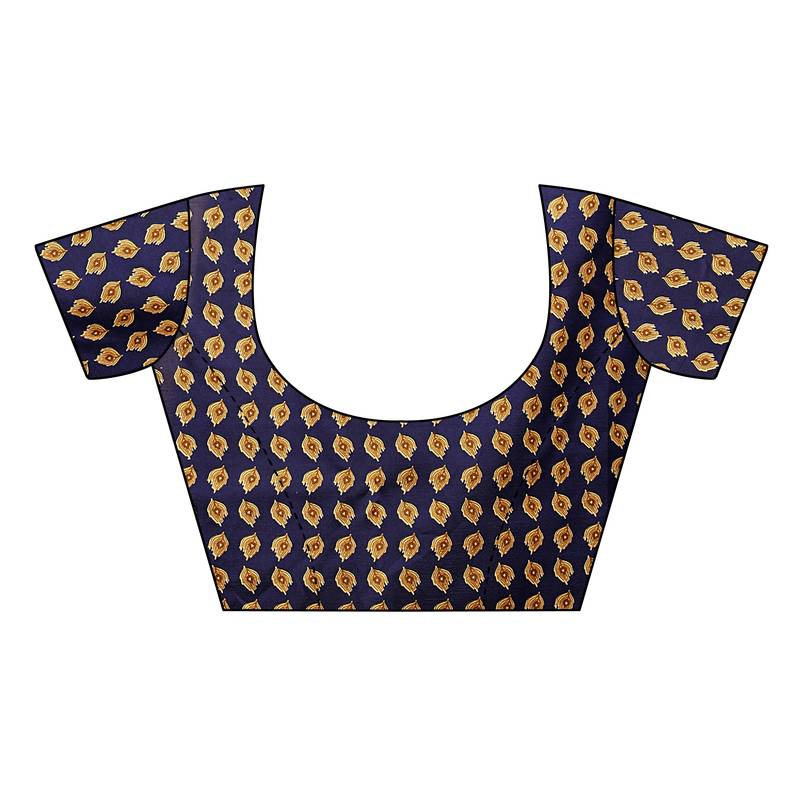 Off White And Navy Blue Printed art silk Indian Style Saree With Blouse Piece