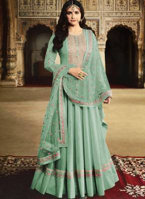 Turquoise Silk Blend Anarkali Salwar Kameez 1