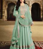Turquoise Silk Blend Anarkali Salwar Kameez