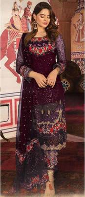 Wine Embroidered Georgette Salwar Semi Stitched 1