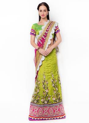Green Embroidered Faux Net Saree With Blouse 1