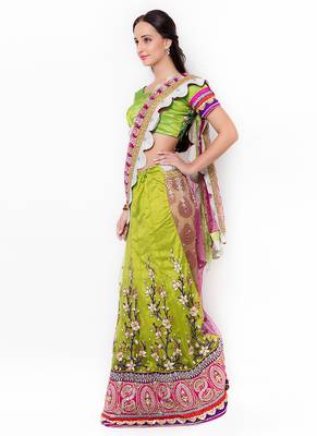 Green Embroidered Faux Net Saree With Blouse 2