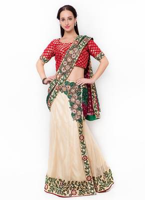Cream Embroidered Net Saree With Blouse 1