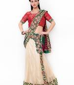 Cream Embroidered Net Saree With Blouse