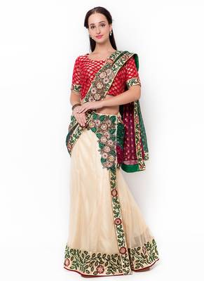 Cream Embroidered Net Saree With Blouse 2